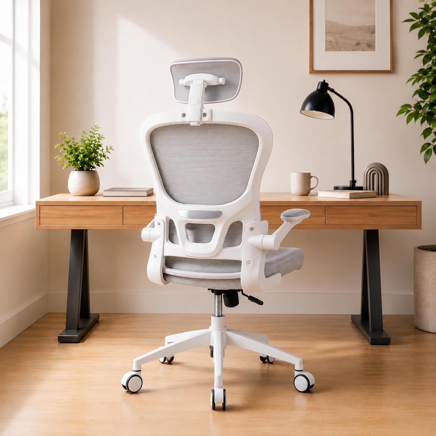 Cadeira de Escritório — Design Ergonômico para Home Office com Suporte Lombar Independente | Encosto de Cabeça Ajustável, Malha Mesh Respirável, Reclinável, Altura e Braços Ajustável (Cinza)