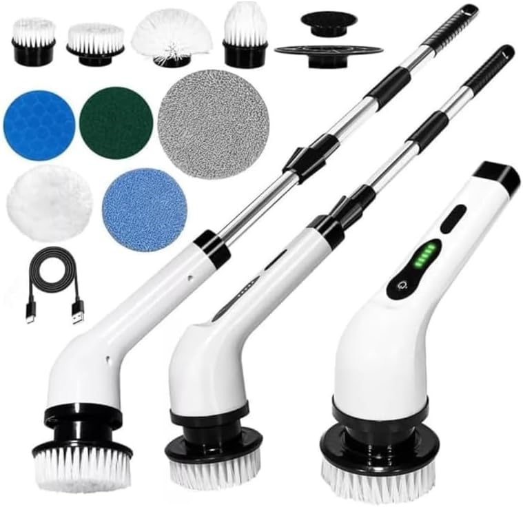 Esfregão Elétrico Profissional 9 em 1 Recarregável Mop 360º Sem Fio Potente Portátil Limpeza Pesada Banheiro Cozinha Piso Azulejo Janela Escova Multiuso Compacto Giratório Casa Premium Ajust