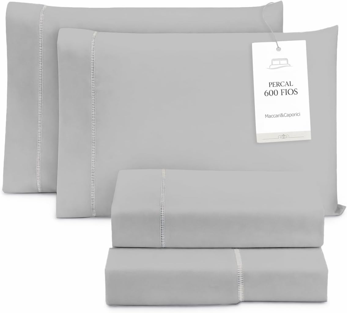 Jogo De Lençol Cama Box King Size 4 Peças Percal 600 Fios Toque Macio Cinza