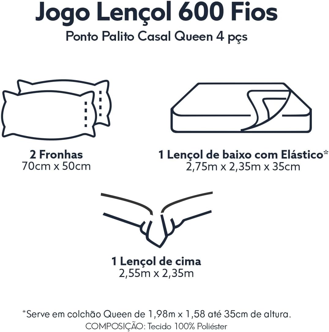 Jogo de Lençol Queen Percal 600 Fios 4 Peças Branco — foto 6