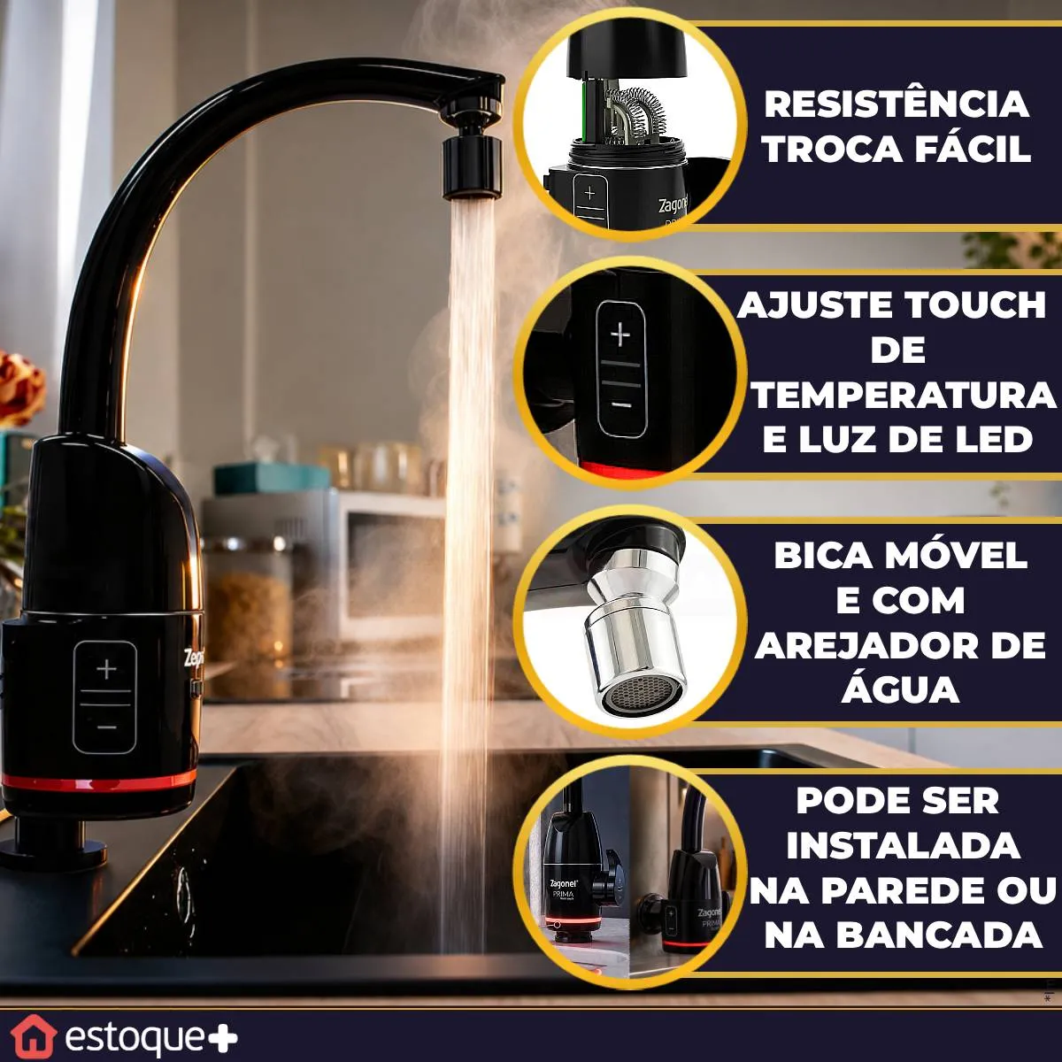 Torneira Elétrica Zagonel Prima Touch Parede E Bancada Preta — foto 2